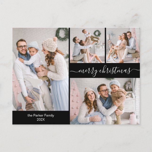 Chic Black Gold Script 5 Multiple Christmas Photo Postcard (Front)