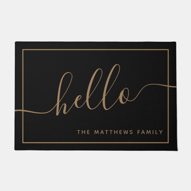 Chic Black Gold Script Hello Family Name Welcome Doormat (Front)