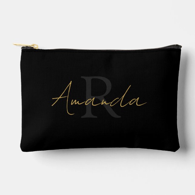 Chic Black Gold Script Monogram Accessory Pouch (Front)