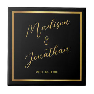 Chic Black Gold Shiny Border Script Wedding Tile