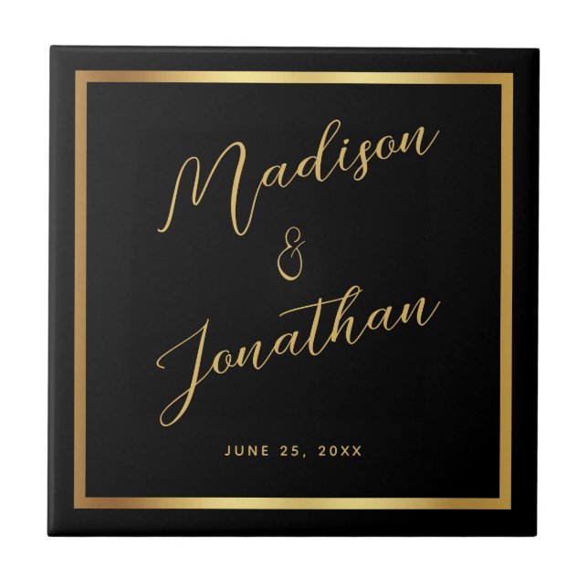 Chic Black Gold Shiny Border Script Wedding Tile (Front)