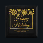 Chic Black Gold Snowflake Custom Christmas Party Gift Box<br><div class="desc">Chic corporate Christmas party gift box with Happy Holidays written in elegant gold cursive script under a beautiful border of snowflakes falling on  modern black holiday decor. Customize your professional presents for clients or employees with your company or business name.</div>