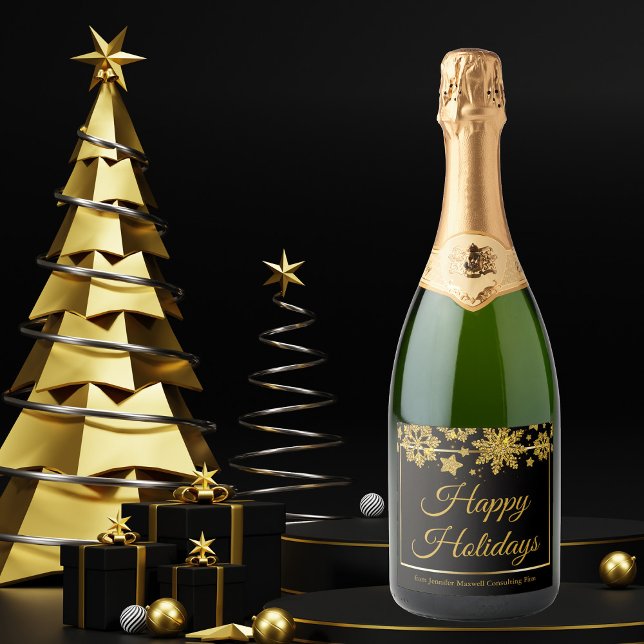 Chic Black Gold Snowflake Custom Holiday Party Sparkling Wine Label (Creator Uploaded)