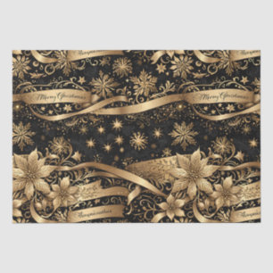 Chic Black Gold Snowflake Sparkle Floral Christmas Tissue Paper