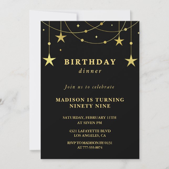 Chic Black Gold Stars Dinner 99th birthday Invitation (Front)