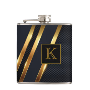 Chic Black & Gold Striped Monogrammed Hip Flask