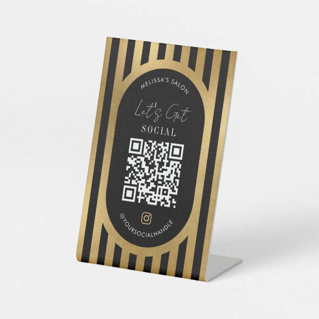 Chic Black & Gold Stripes Social Media QR Code Pedestal Sign (Front)