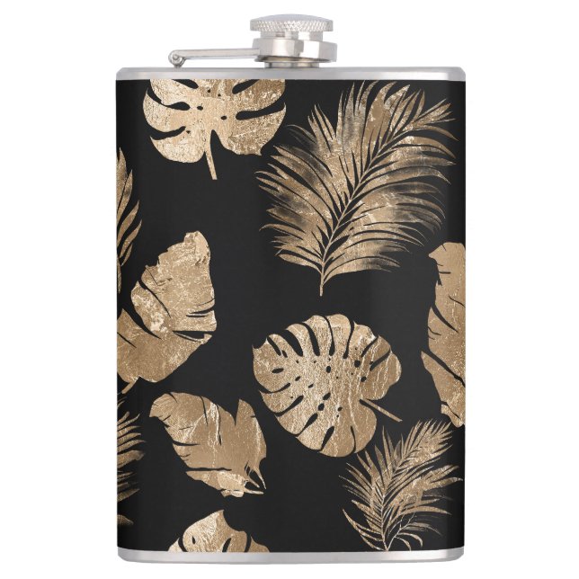 Chic Black Gold Tropical Leaves Hip Flask (Front)