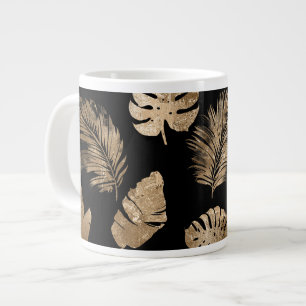 Chic Black Gold Tropical Leaves Large Coffee Mug
