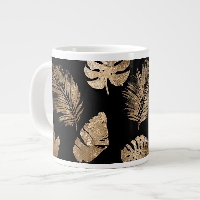 Chic Black Gold Tropical Leaves Large Coffee Mug (Front Left)
