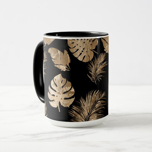 Chic Black Gold Tropical Leaves Mug (Front Left)