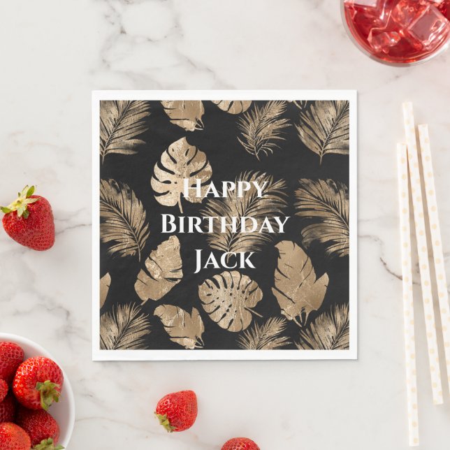 Chic Black Gold Tropical Leaves Napkin (Insitu)