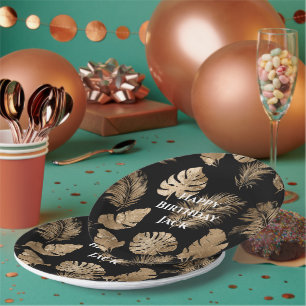 Chic Black Gold Tropical Leaves Paper Plate