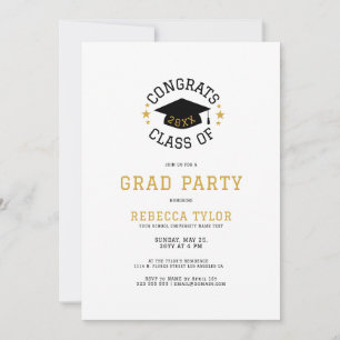 Chic Black & Gold Typography Grad Hat Party Invite
