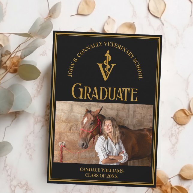Chic Black Gold Veterinary School Photo Graduation Announcement (Creator Uploaded)