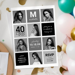 Chic Black Grey 40th Birthday Invitation