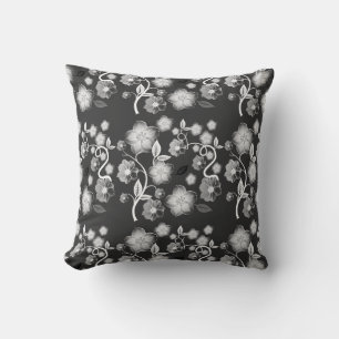 Chic Black, Grey, and White Floral Accent Pillow