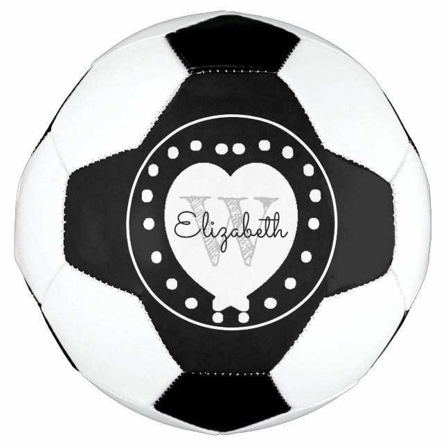 Chic Black Grey Initial Monogram White Heart Soccer Ball (Front)