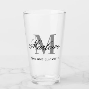 Chic Black Grey Monogram Calligraphy Glass