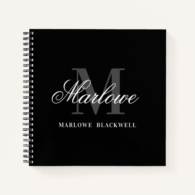Chic Black Grey Monogram Calligraphy Notebook (Front)