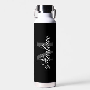 Chic Black Grey Monogram Calligraphy Water Bottle