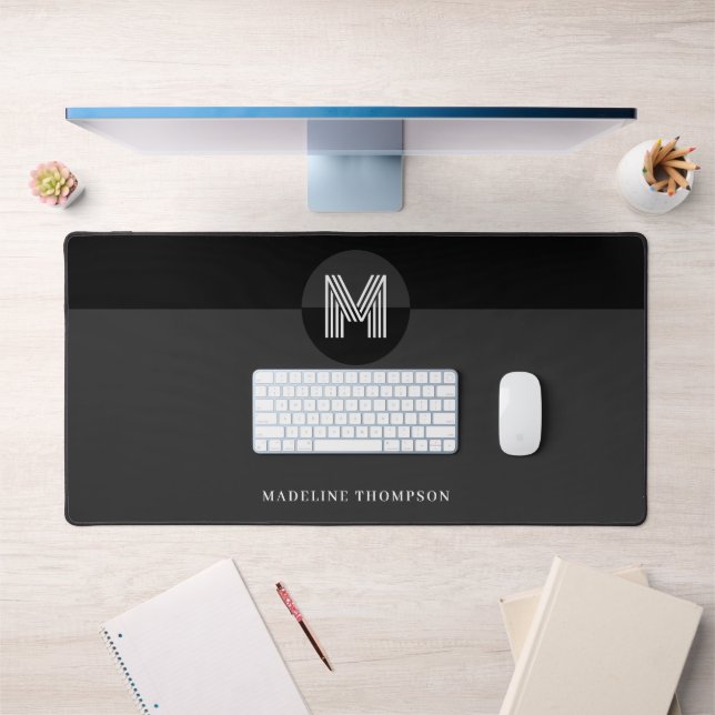 Chic Black Grey White Geometric Modern Monogram Desk Mat (Office 1)
