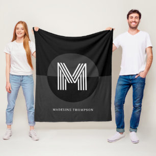 Chic Black Grey White Geometric Modern Monogram Fleece Blanket