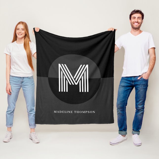 Chic Black Grey White Geometric Modern Monogram Fleece Blanket (In Situ)