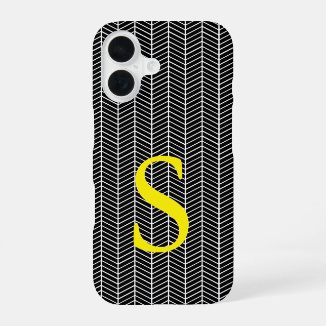 Chic Black Herringbone Chevron Zig Zag Monogram iPhone 16 Case (Back)