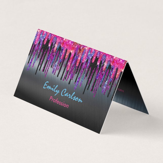 Chic black hot pink blue drips business card (Front)