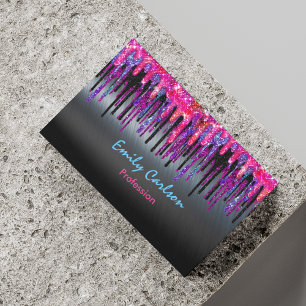 Chic black hot pink blue drips Magnetic business card