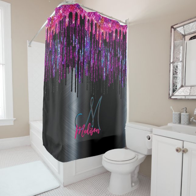Chic black hot pink blue drips monogram (In Situ)