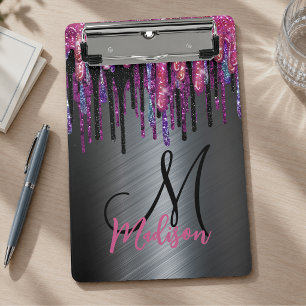 Chic black hot pink blue drips monogram clipboard