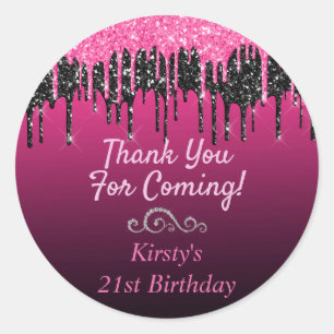 Chic Black Hot Pink Dripping Glitter Birthday Classic Round Sticker