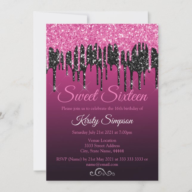 Chic Black Hot Pink Glitter Sweet Sixteen Party Invitation (Front)