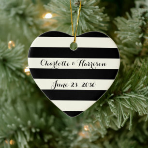 Chic black ivory stripes script names Christmas Ceramic Ornament