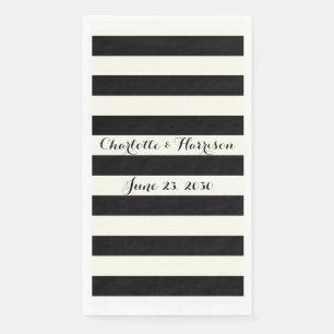 Chic black ivory stripes script names wedding napkin