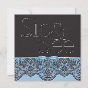 Chic Black Lace and Blue Sip and See 2 Invitation