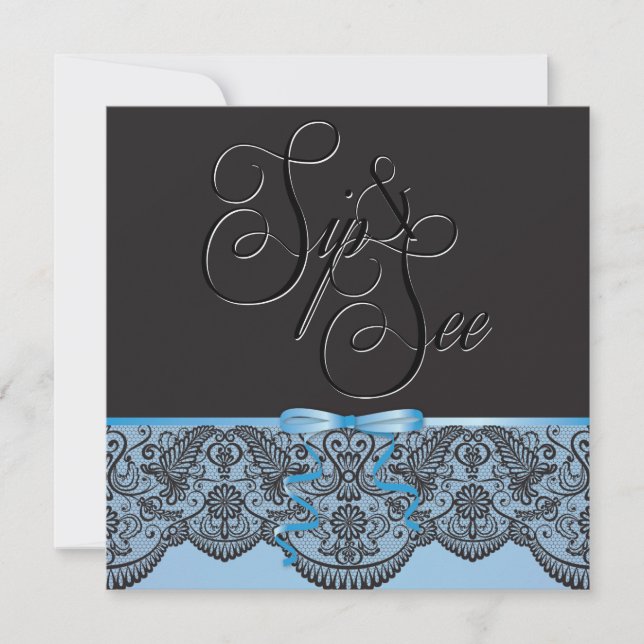 Chic Black Lace and Blue Sip and See 3 Invitation (Front)