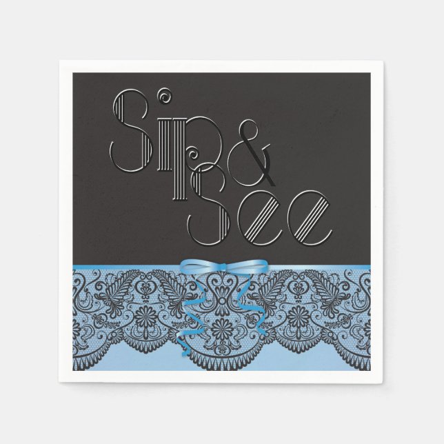 Chic Black Lace and Blue Sip and See Party Napkins (Front)
