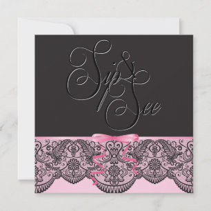 Chic Black Lace and Pink Sip and See 3 Invitation