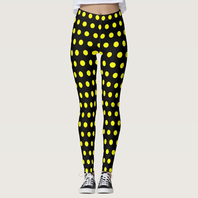 Chic Black Leggings with Cute Yellow Dot Pattern (Front)