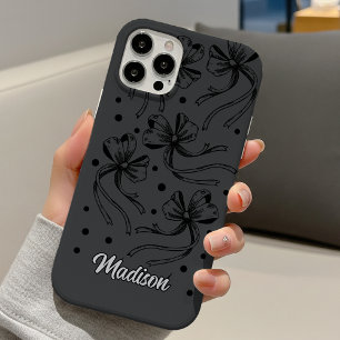 chic black light grey coquette bows monogram iPhone 16 case