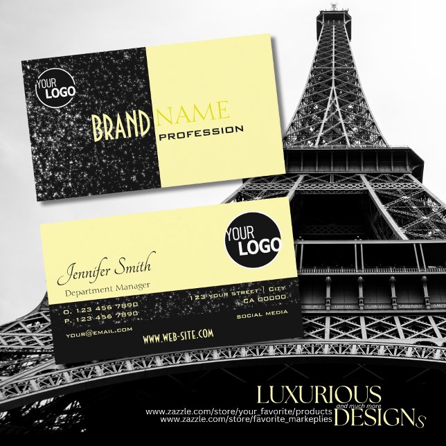 Chic Black Light Yellow Glitter Stars and Logo Business Card (Creator Uploaded)