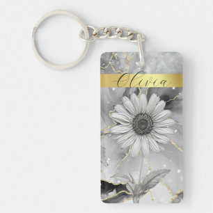 Chic Black Marble & Gold Daisy Custom Keychain