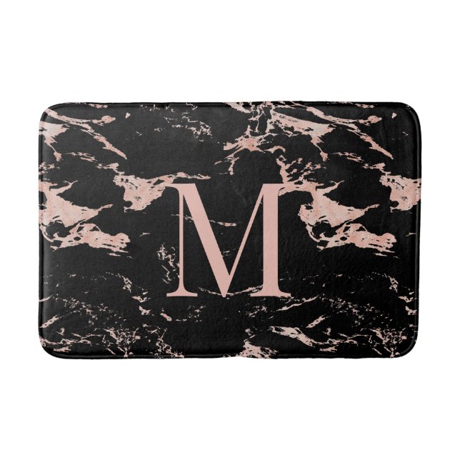 Chic Black Marble Rose Gold Foil Monogram Bath Mat (Front)