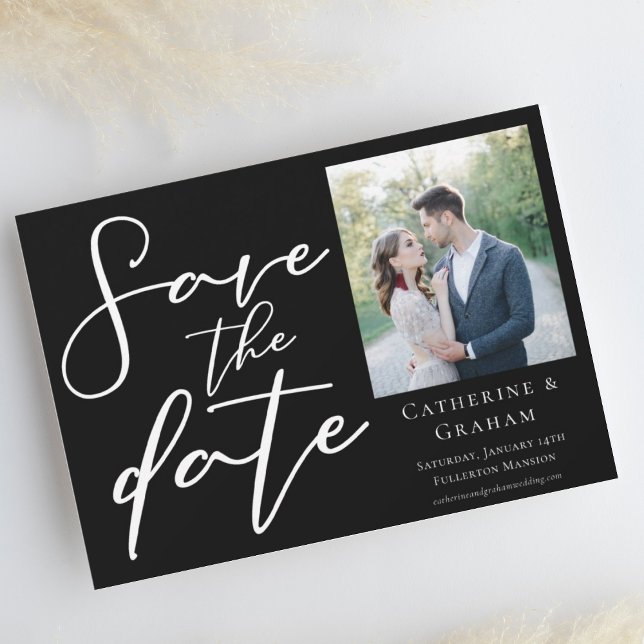 Chic Black Minimalist Modern Photo White Script Save The Date (Creator Uploaded)