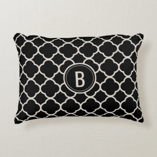 Chic Black Monogram Quatrefoil Pattern Decorative Accent Pillow