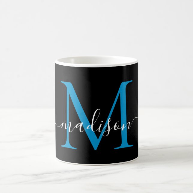 Chic Black Ocean Blue Monogram Elegant Script Coffee Mug (Center)