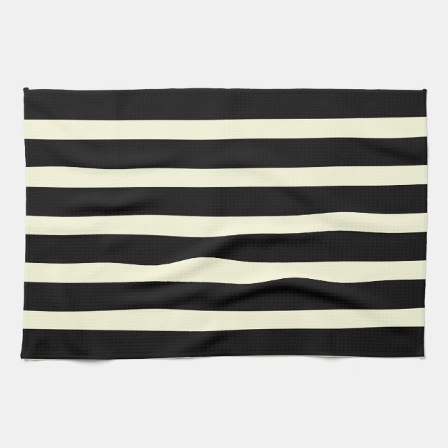 Chic Black Off-White Stripes Striped Pattern Kitchen Towel (Horizontal)
